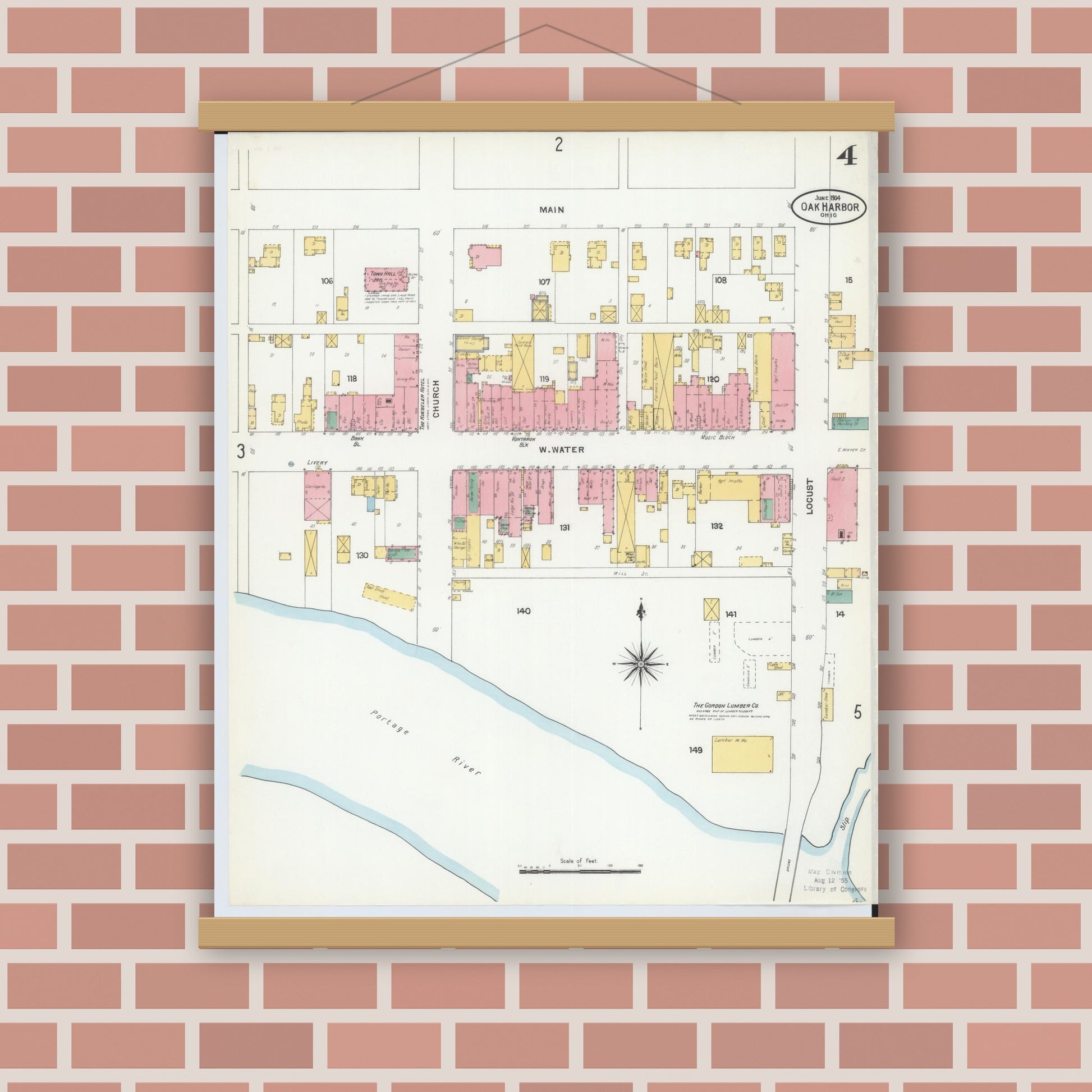 Old map wall art mockup — magnetic wood frame on brick wall — Sanborn Fire Insurance Map from Oak Harbor, Ottawa County, Ohio (1904), Sheet #0004