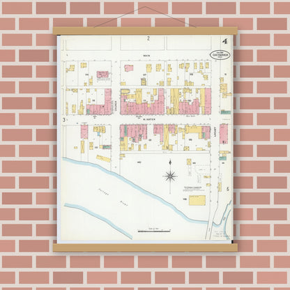 Old map wall art mockup — magnetic wood frame on brick wall — Sanborn Fire Insurance Map from Oak Harbor, Ottawa County, Ohio (1904), Sheet #0004