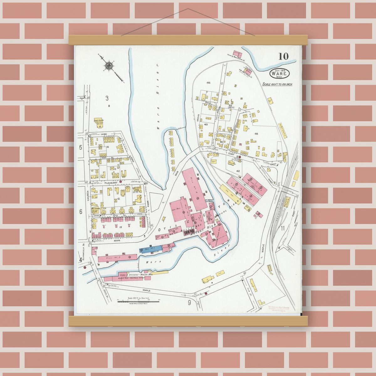 Old map wall art mockup — magnetic wood frame on brick wall — Sanborn Fire Insurance Map from Ware, Hampshire County, Massachusetts (1919), Sheet #0010