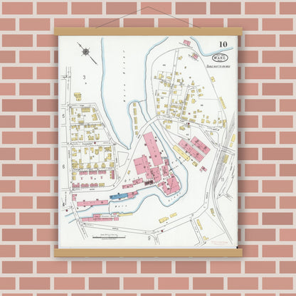 Old map wall art mockup — magnetic wood frame on brick wall — Sanborn Fire Insurance Map from Ware, Hampshire County, Massachusetts (1919), Sheet #0010