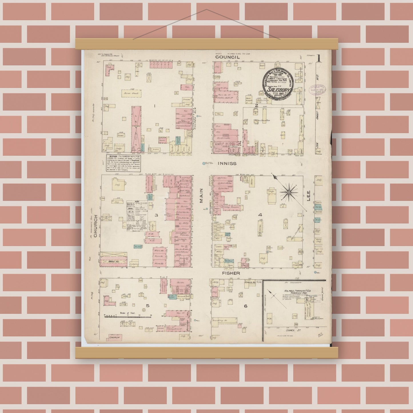 Old map wall art mockup — magnetic wood frame on brick wall — Sanborn Fire Insurance Map from Salisbury, Rowan County, North Carolina (1885) - Complete Map Set