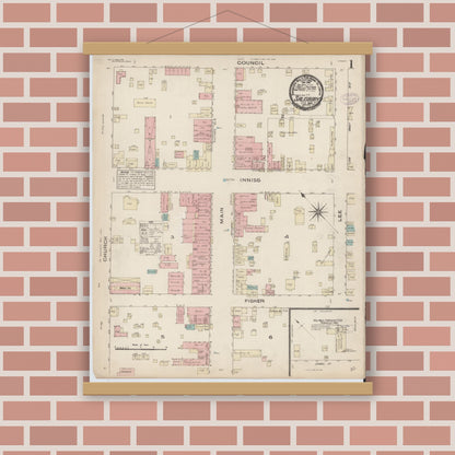 Old map wall art mockup — magnetic wood frame on brick wall — Sanborn Fire Insurance Map from Salisbury, Rowan County, North Carolina (1885) - Complete Map Set