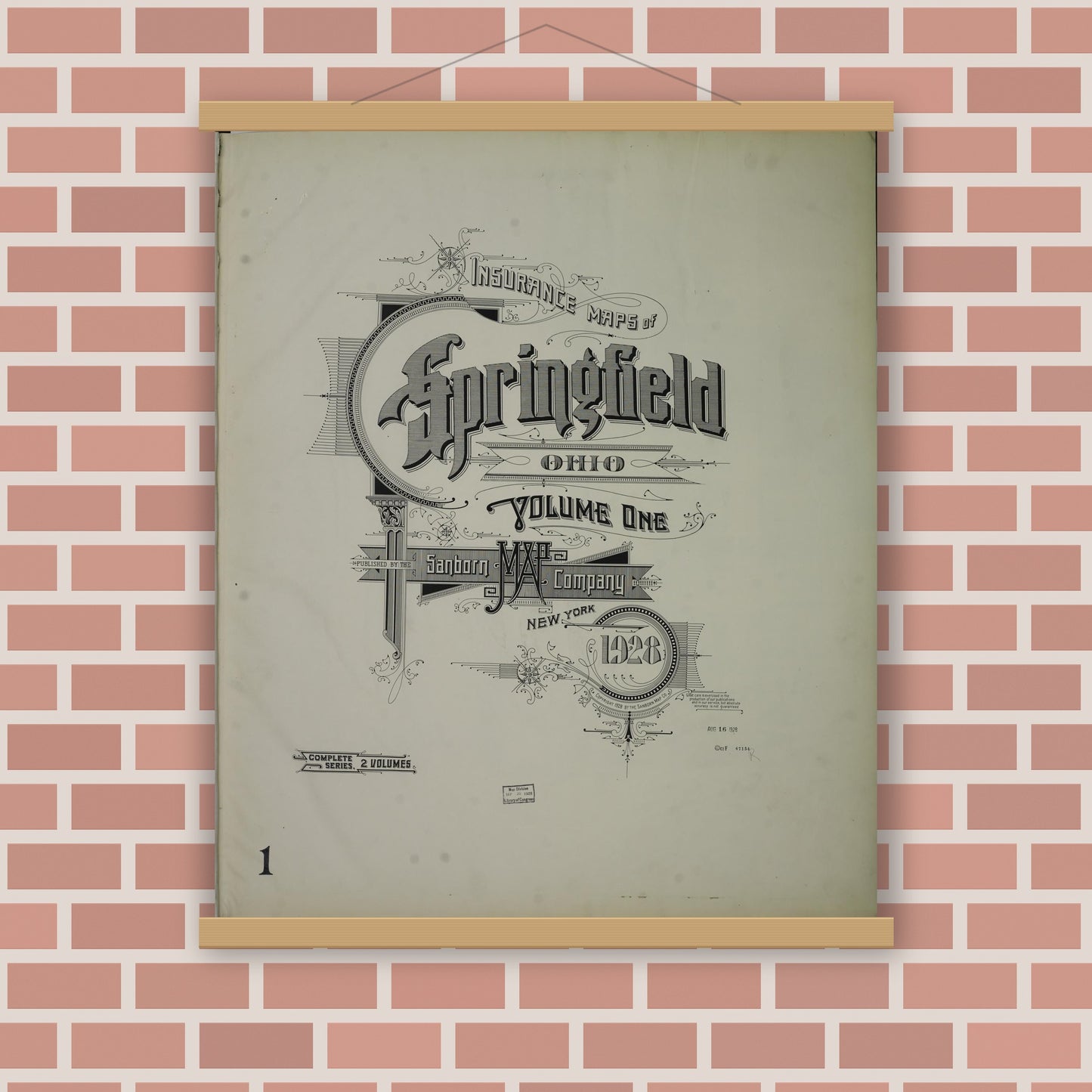 Old map wall art mockup — magnetic wood frame on brick wall — Sanborn Fire Insurance Map from Springfield, Clark County, Ohio (1928), Sheet #0001