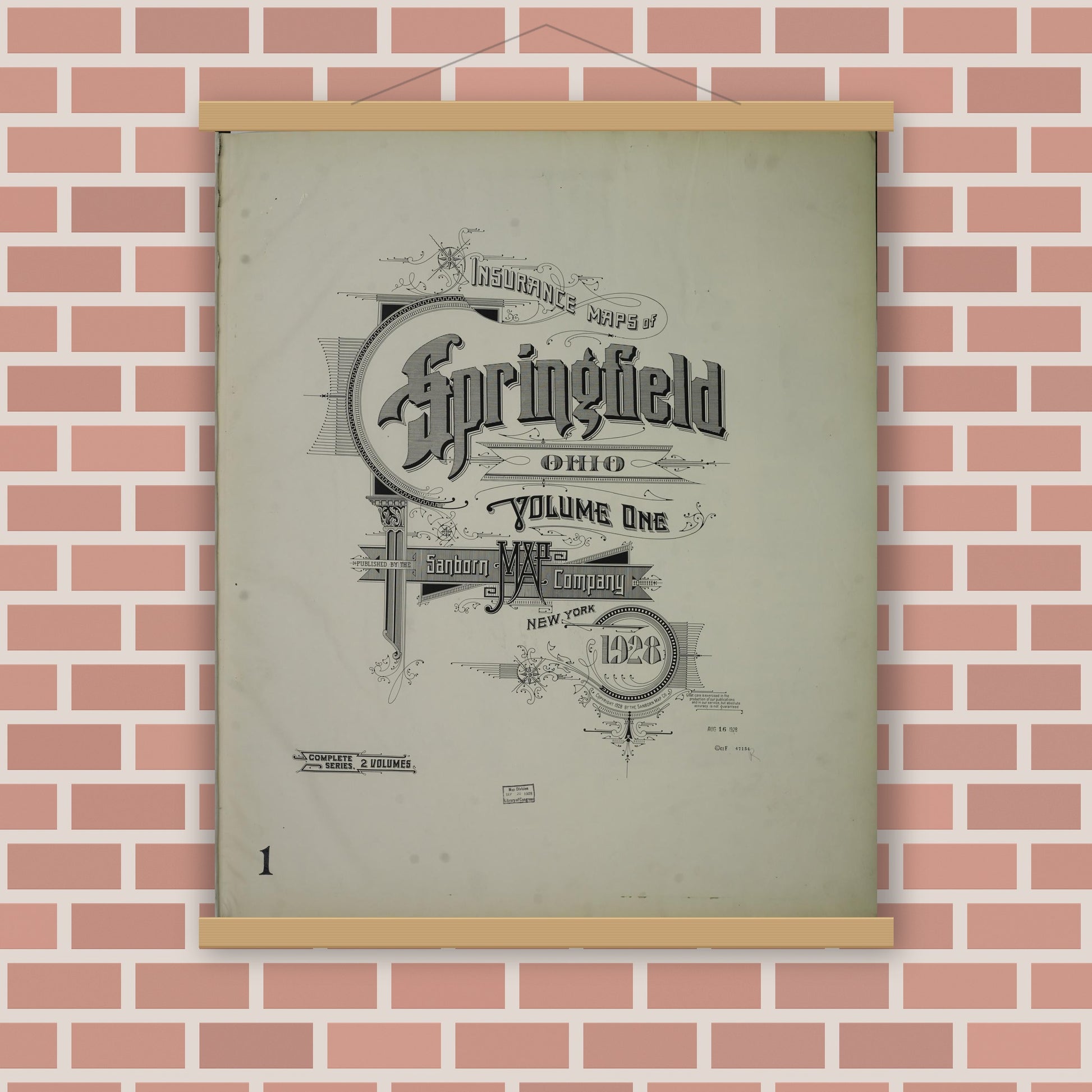 Old map wall art mockup — magnetic wood frame on brick wall — Sanborn Fire Insurance Map from Springfield, Clark County, Ohio (1928), Sheet #0001