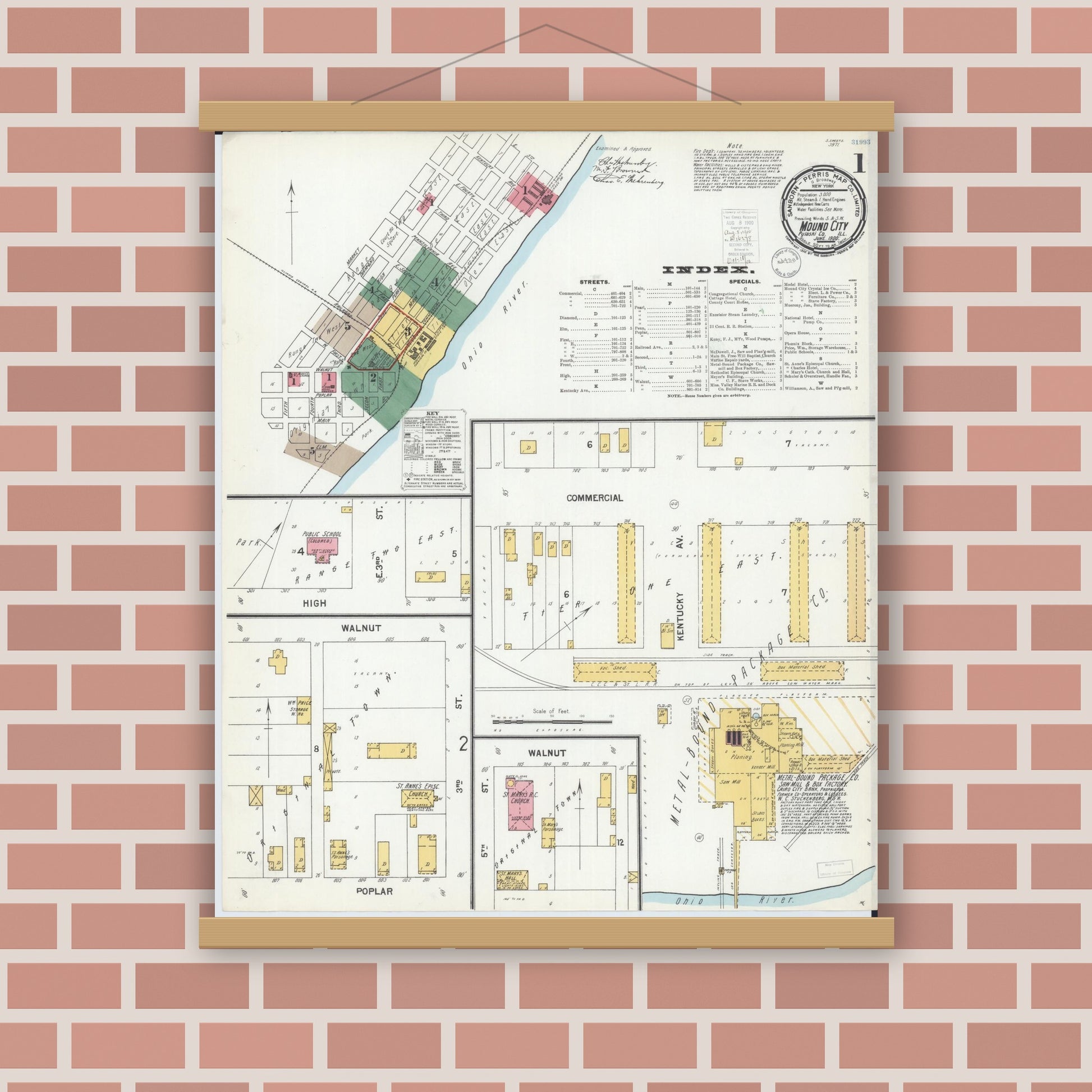 Old map wall art mockup — magnetic wood frame on brick wall — Sanborn Fire Insurance Map from Mound City, Pulaski County, Illinois (1900), Sheet #0001
