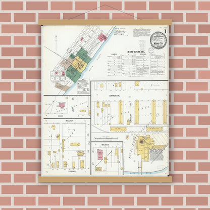Old map wall art mockup — magnetic wood frame on brick wall — Sanborn Fire Insurance Map from Mound City, Pulaski County, Illinois (1900), Sheet #0001