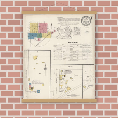 Old map wall art mockup — magnetic wood frame on brick wall — Sanborn Fire Insurance Map from Goliad, Goliad County, Texas (1922), Sheet #0001