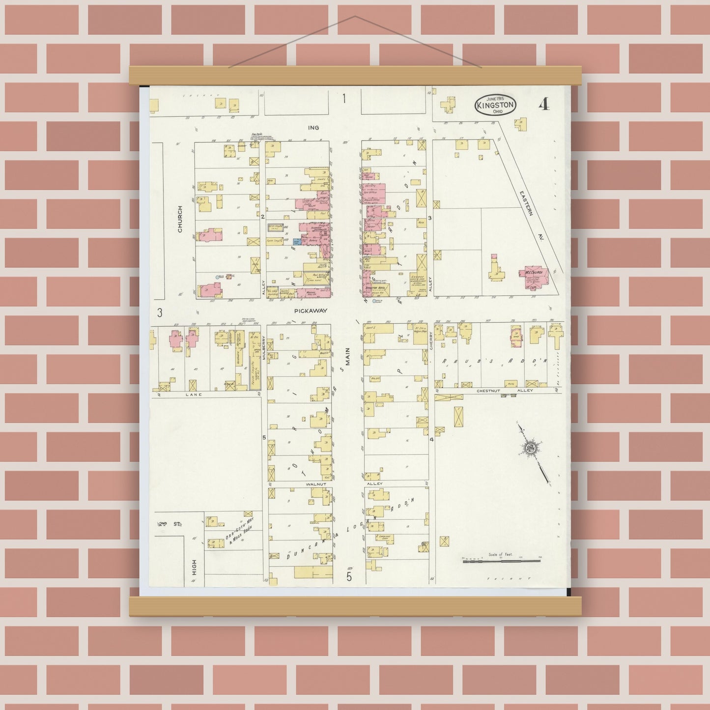 Old map wall art mockup — magnetic wood frame on brick wall — Sanborn Fire Insurance Map from Kingston, Ross County, Ohio (1915), Sheet #0004