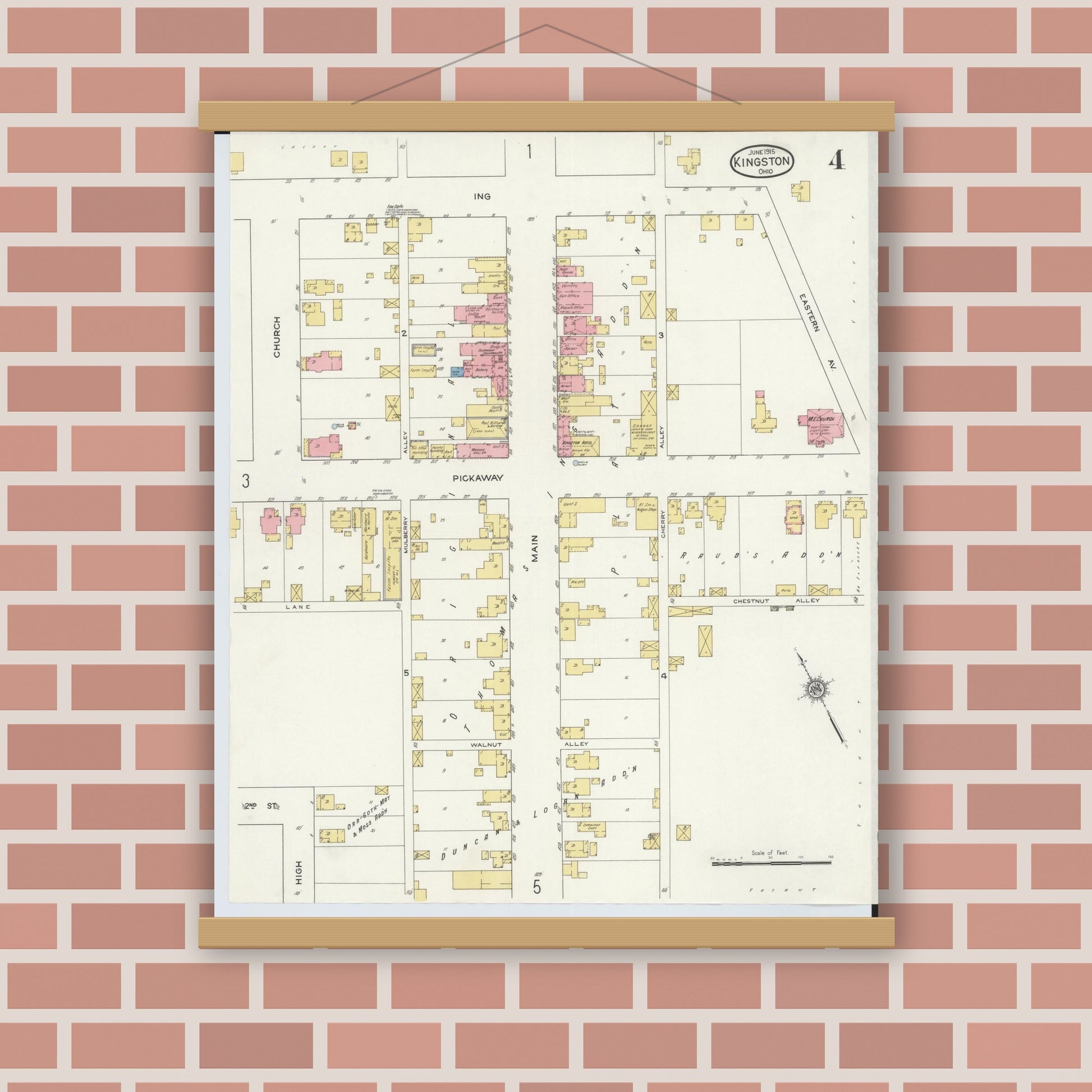 Old map wall art mockup — magnetic wood frame on brick wall — Sanborn Fire Insurance Map from Kingston, Ross County, Ohio (1915), Sheet #0004