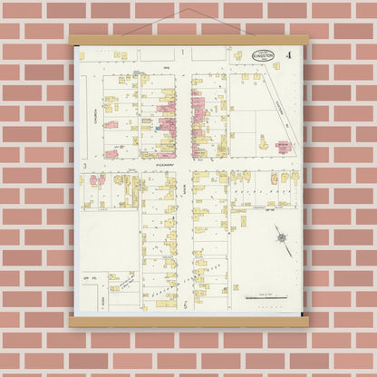 Old map wall art mockup — magnetic wood frame on brick wall — Sanborn Fire Insurance Map from Kingston, Ross County, Ohio (1915), Sheet #0004