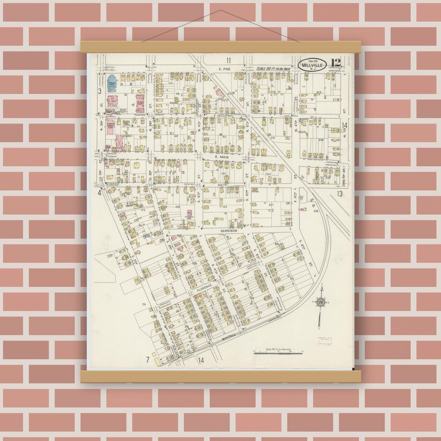 Old map wall art mockup — magnetic wood frame on brick wall — Sanborn Fire Insurance Map from Millville, Cumberland County, New Jersey (1915), Sheet #0012