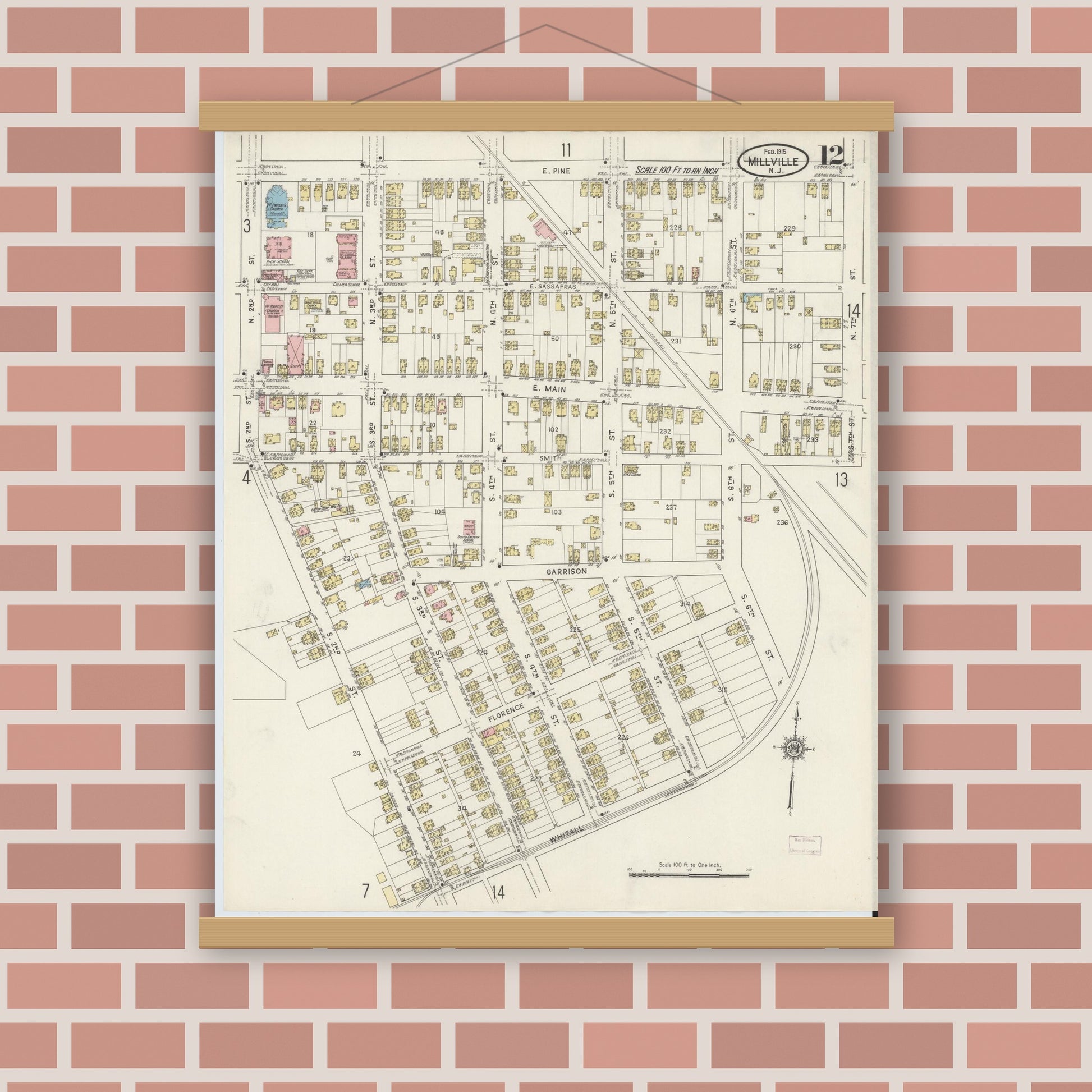 Old map wall art mockup — magnetic wood frame on brick wall — Sanborn Fire Insurance Map from Millville, Cumberland County, New Jersey (1915), Sheet #0012