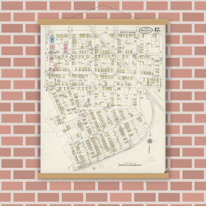 Old map wall art mockup — magnetic wood frame on brick wall — Sanborn Fire Insurance Map from Millville, Cumberland County, New Jersey (1915), Sheet #0012