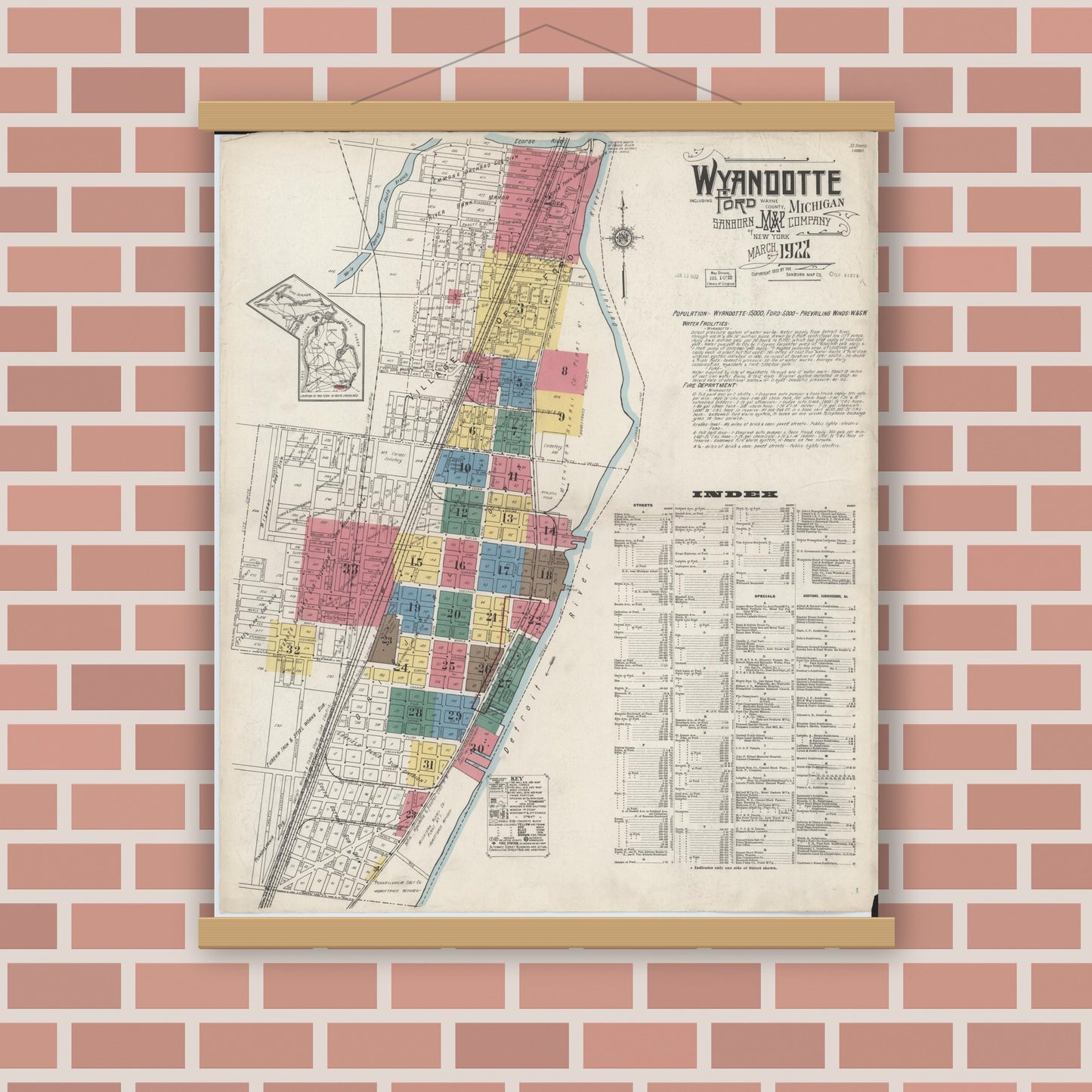 Old map wall art mockup — magnetic wood frame on brick wall — Sanborn Fire Insurance Map from Wyandotte, Wayne County, Michigan (1922), Sheet #0001