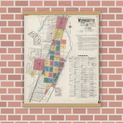 Old map wall art mockup — magnetic wood frame on brick wall — Sanborn Fire Insurance Map from Wyandotte, Wayne County, Michigan (1922), Sheet #0001