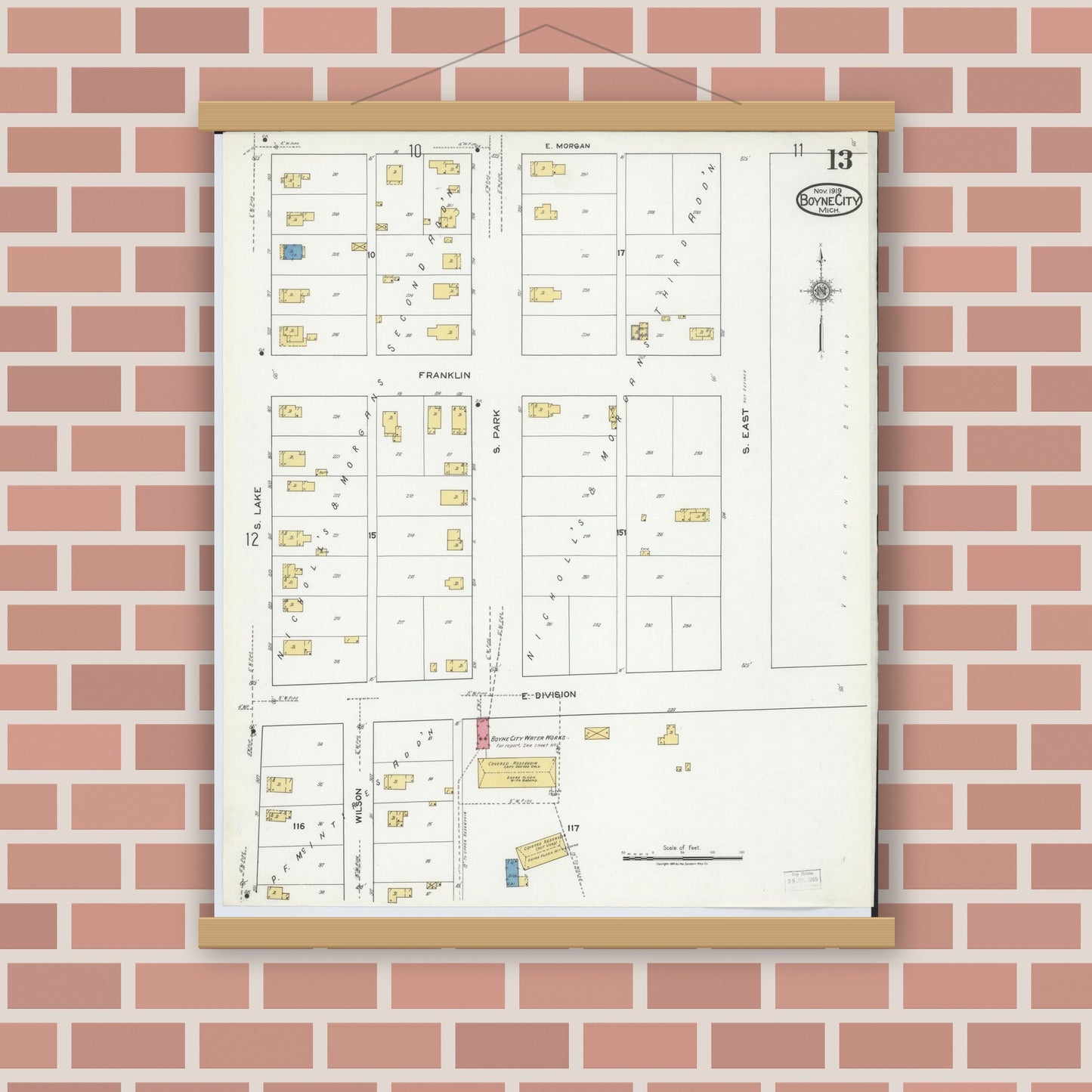 Old map wall art mockup — magnetic wood frame on brick wall — Sanborn Fire Insurance Map from Boyne City, Charlevoix County, Michigan (1919), Sheet #0013
