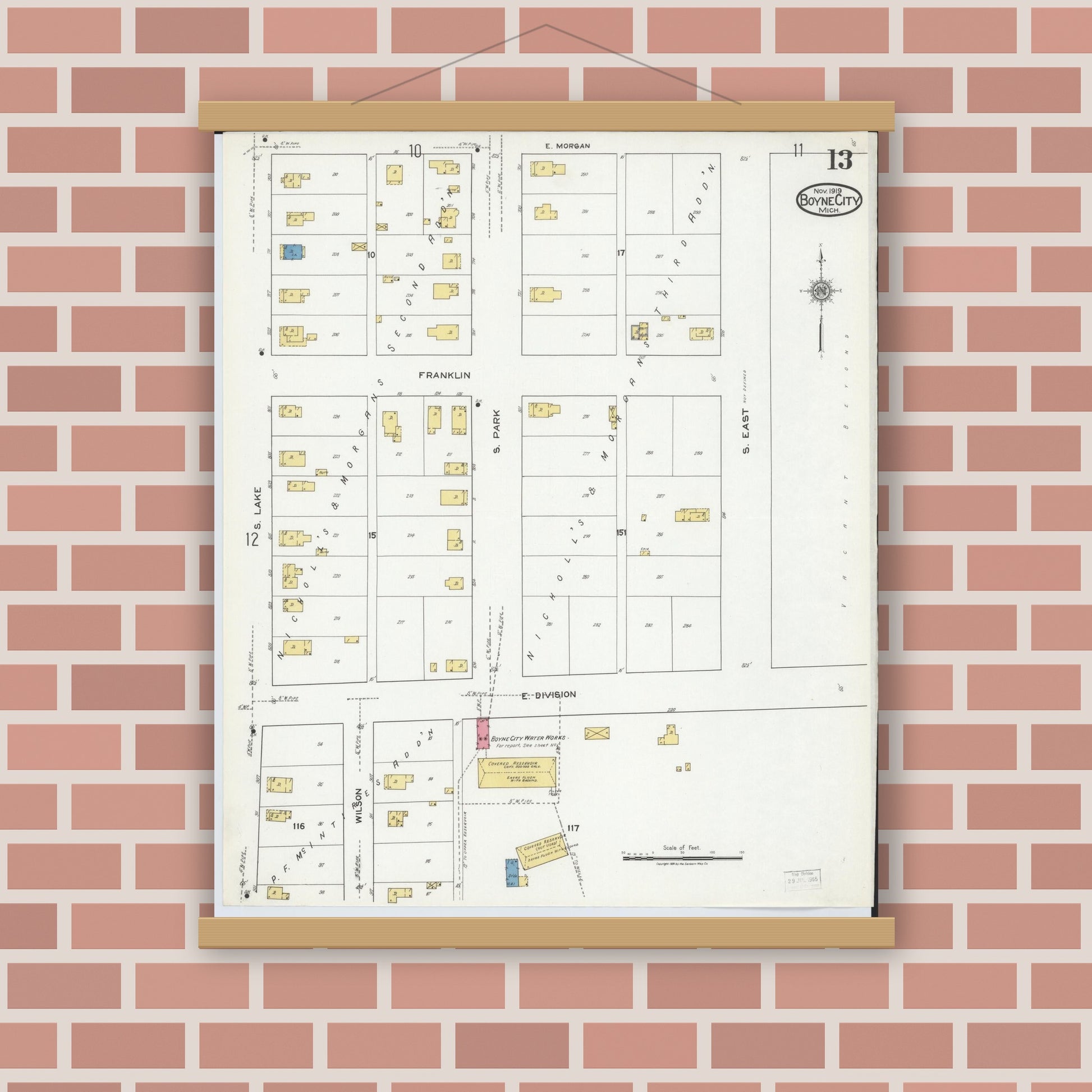 Old map wall art mockup — magnetic wood frame on brick wall — Sanborn Fire Insurance Map from Boyne City, Charlevoix County, Michigan (1919), Sheet #0013