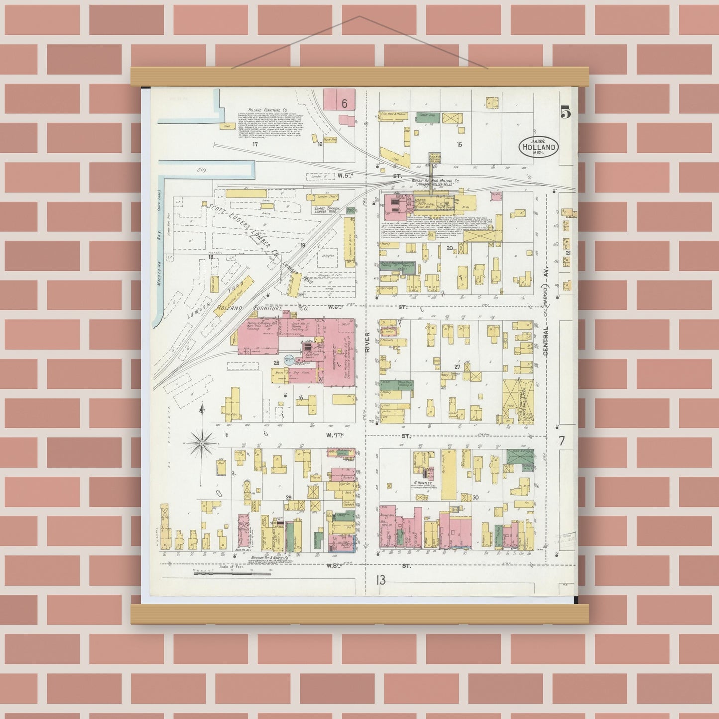 Old map wall art mockup — magnetic wood frame on brick wall — Sanborn Fire Insurance Map from Holland, Ottawa County, Michigan (1902), Sheet #0005