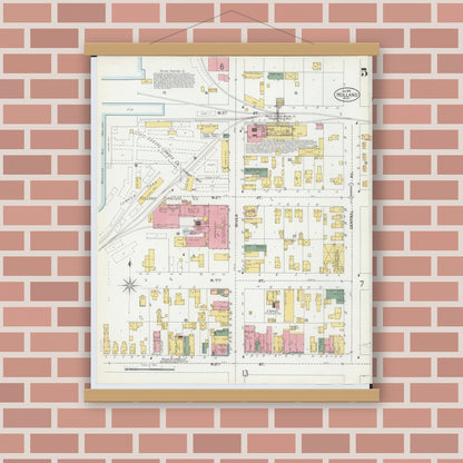 Old map wall art mockup — magnetic wood frame on brick wall — Sanborn Fire Insurance Map from Holland, Ottawa County, Michigan (1902), Sheet #0005