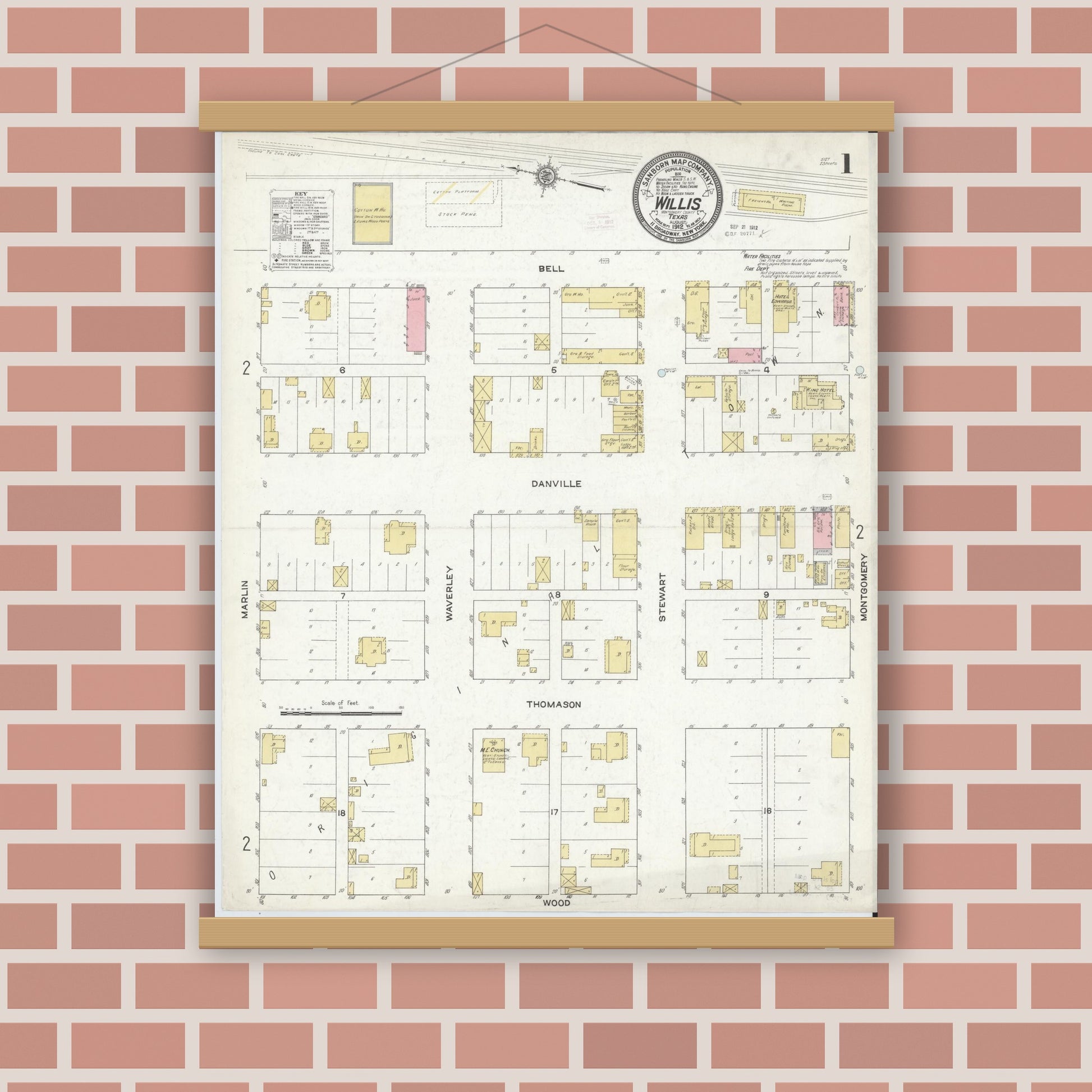 Old map wall art mockup — magnetic wood frame on brick wall — Sanborn Fire Insurance Map from Willis, Montgomery County, Texas (1912) - Complete Map Set