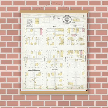 Old map wall art mockup — magnetic wood frame on brick wall — Sanborn Fire Insurance Map from Willis, Montgomery County, Texas (1912) - Complete Map Set