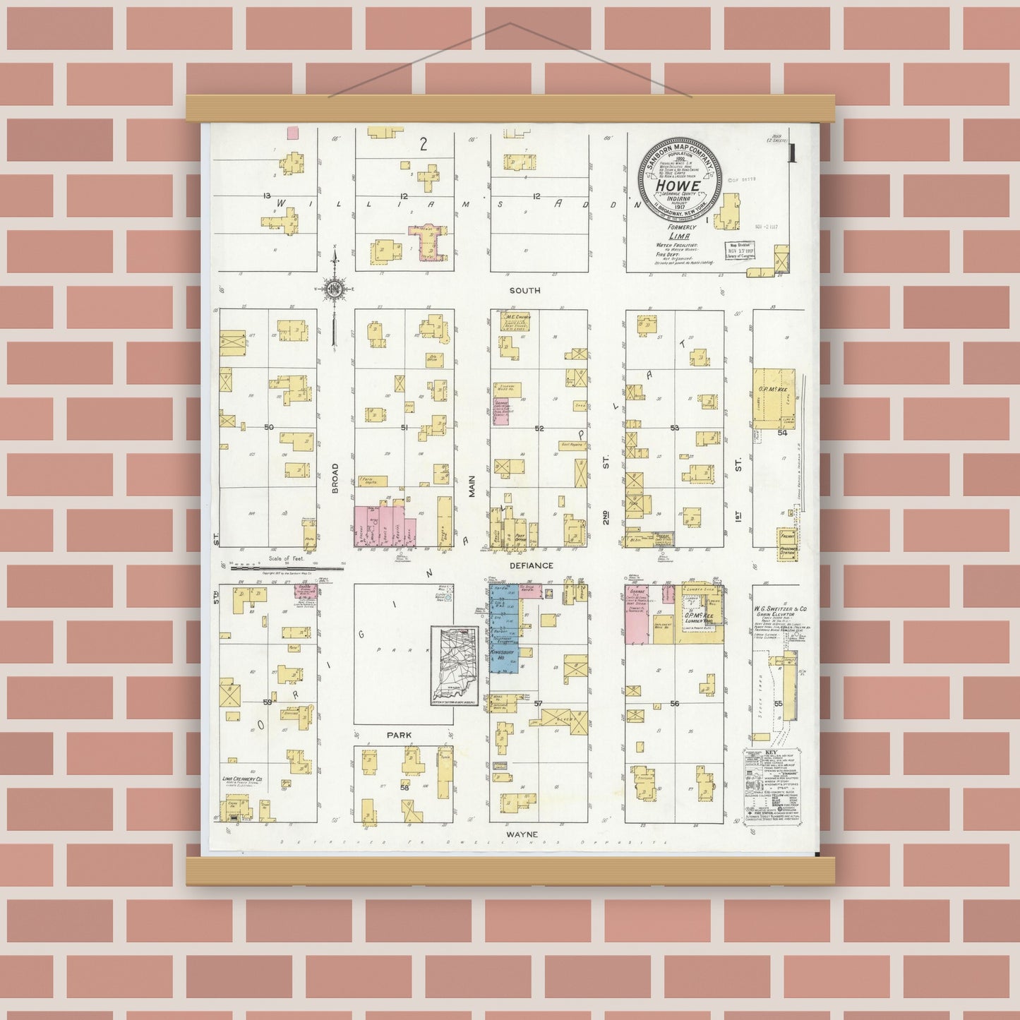 Old map wall art mockup — magnetic wood frame on brick wall — Sanborn Fire Insurance Map from Howe, LaGrange County, Indiana (1917) - Complete Map Set