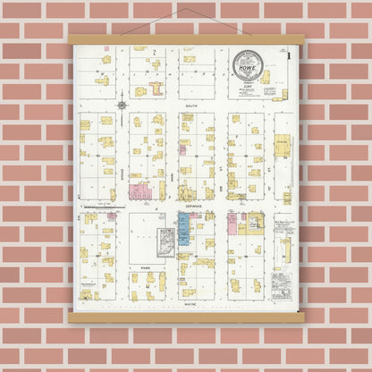 Old map wall art mockup — magnetic wood frame on brick wall — Sanborn Fire Insurance Map from Howe, LaGrange County, Indiana (1917) - Complete Map Set