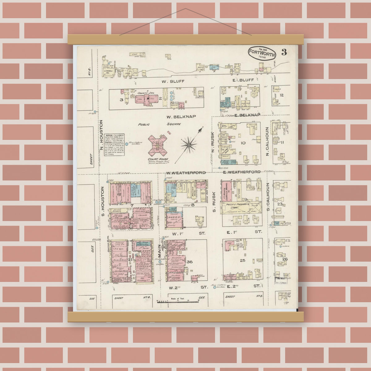 Old map wall art mockup — magnetic wood frame on brick wall — Sanborn Fire Insurance Map from Fort Worth, Tarrant County, Texas (1885), Sheet #0003