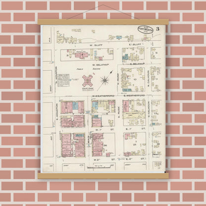 Old map wall art mockup — magnetic wood frame on brick wall — Sanborn Fire Insurance Map from Fort Worth, Tarrant County, Texas (1885), Sheet #0003