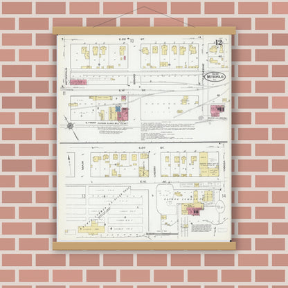 Old map wall art mockup — magnetic wood frame on brick wall — Sanborn Fire Insurance Map from Metropolis, Massac County, Illinois (1921), Sheet #0012