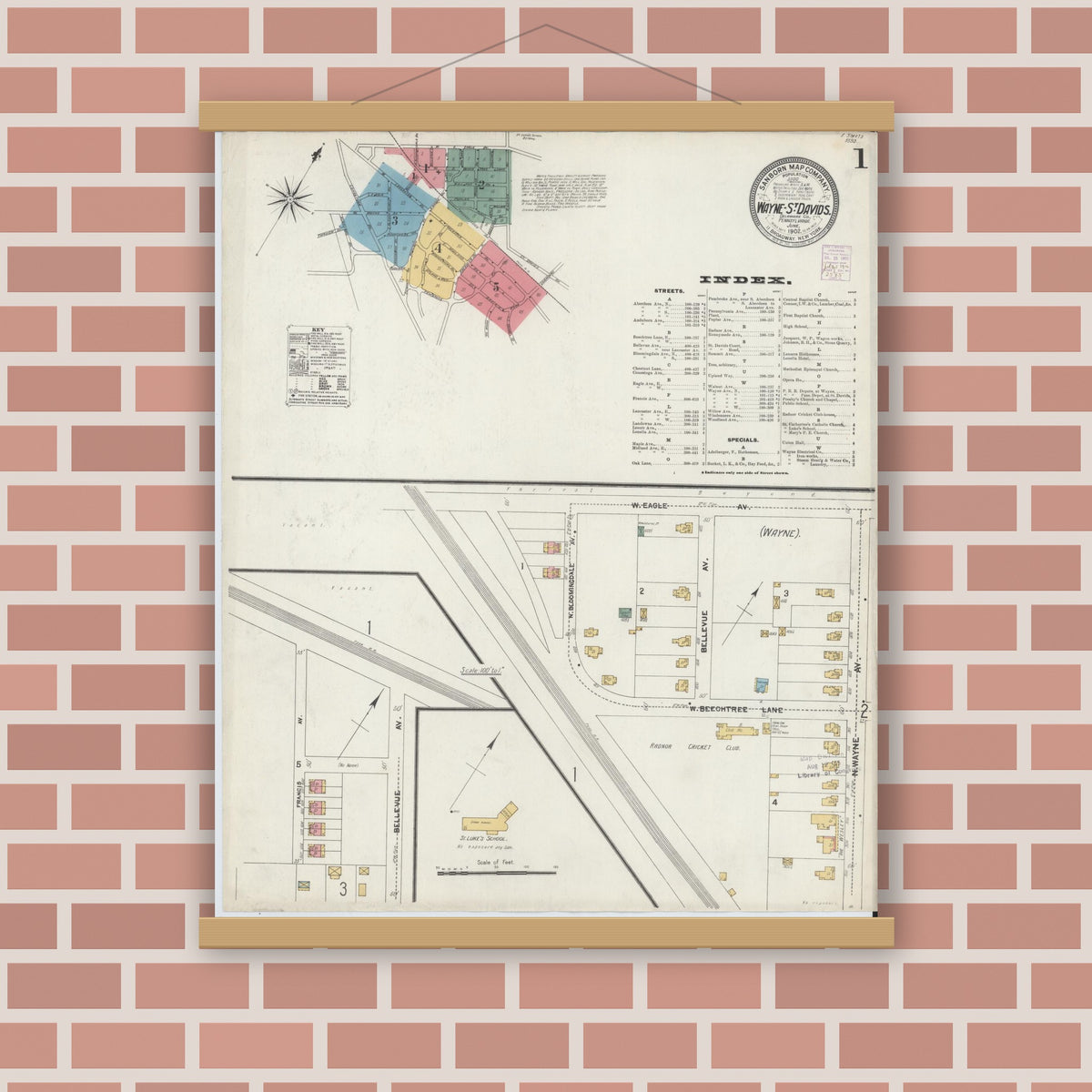 Old map wall art mockup — magnetic wood frame on brick wall — Sanborn Fire Insurance Map from Wayne, Delaware County, Pennsylvania (1902) - Complete Map Set