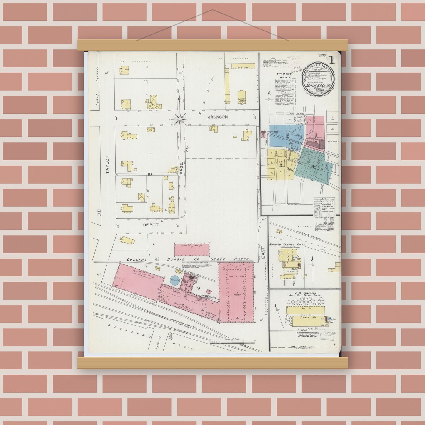 Old map wall art mockup — magnetic wood frame on brick wall — Sanborn Fire Insurance Map from Marengo, McHenry County, Illinois (1893) - Complete Map Set