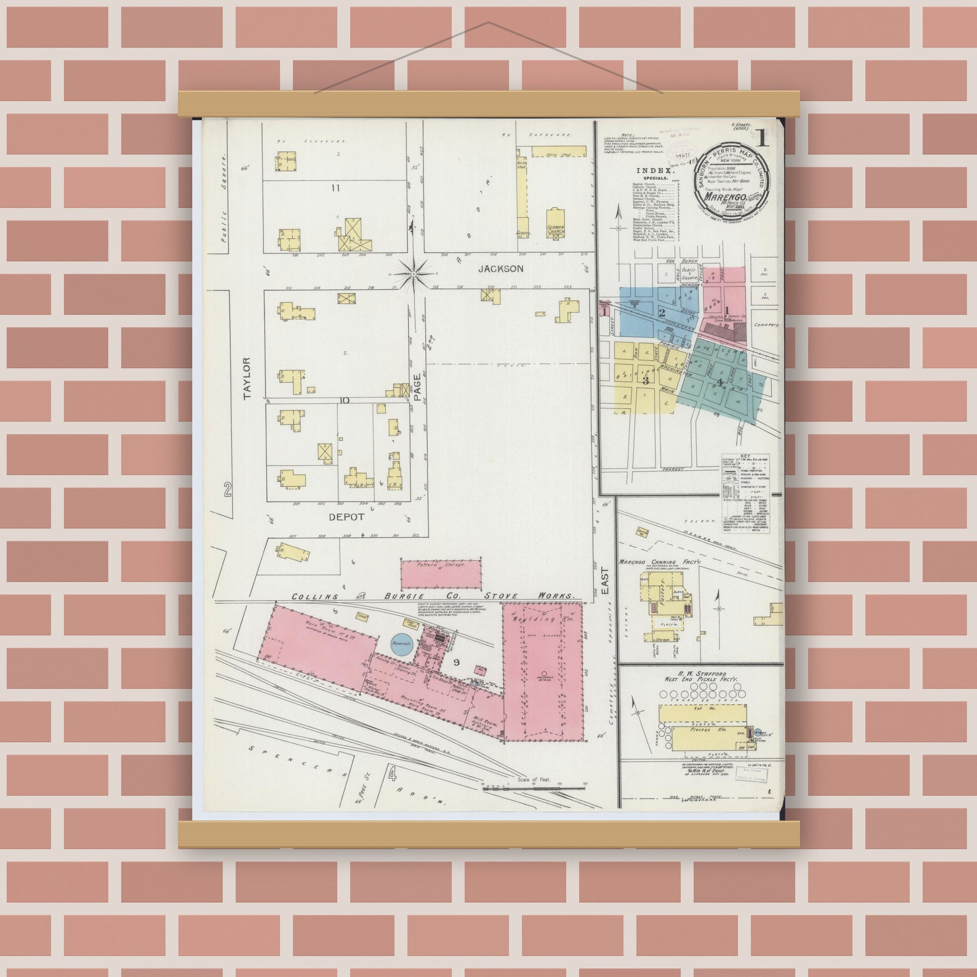 Old map wall art mockup — magnetic wood frame on brick wall — Sanborn Fire Insurance Map from Marengo, McHenry County, Illinois (1893) - Complete Map Set