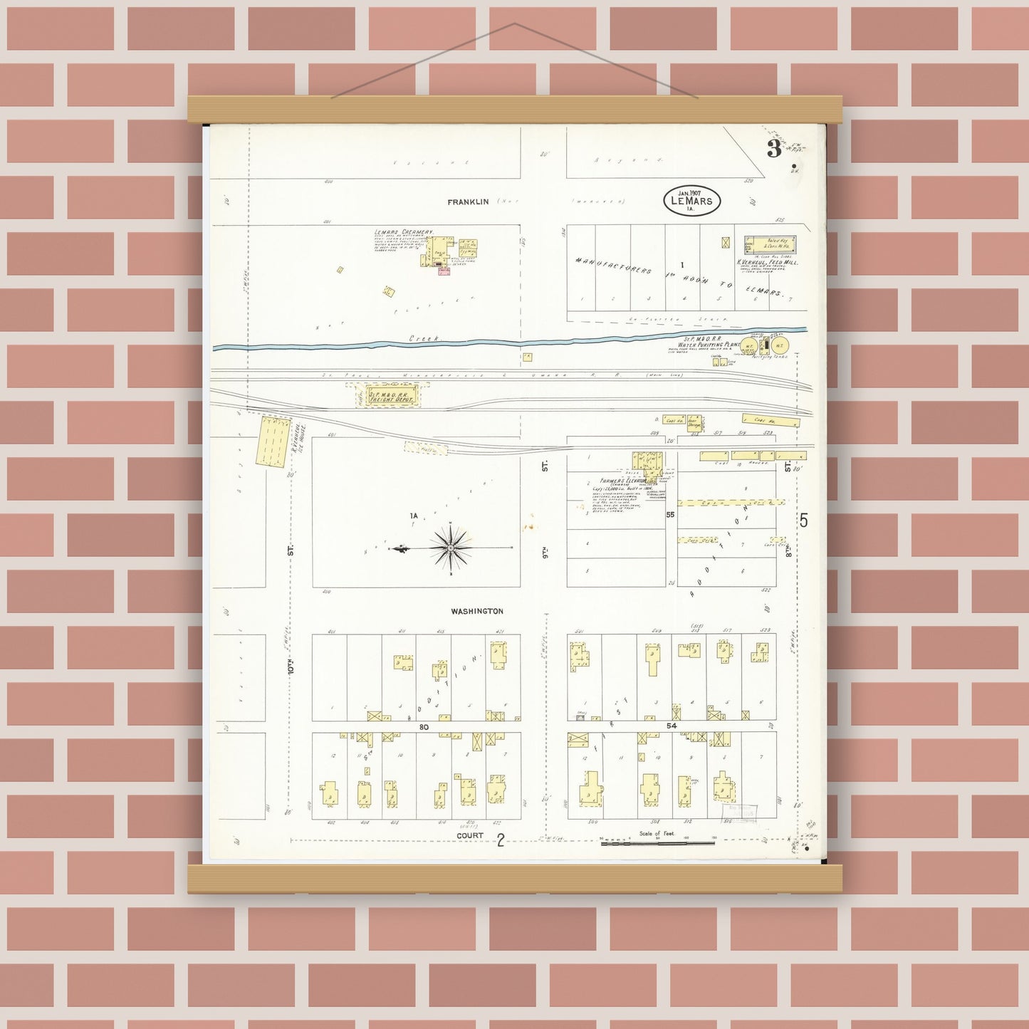 Old map wall art mockup — magnetic wood frame on brick wall — Sanborn Fire Insurance Map from Le Mars, Plymouth County, Iowa (1907), Sheet #0003