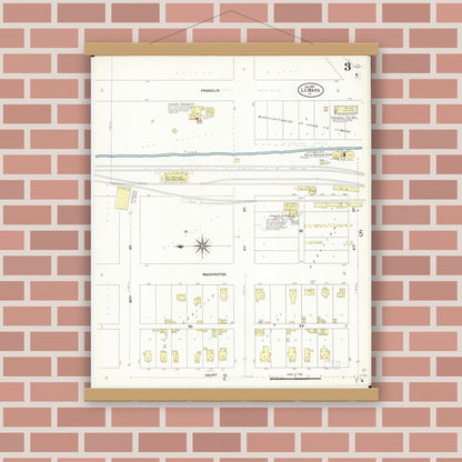 Old map wall art mockup — magnetic wood frame on brick wall — Sanborn Fire Insurance Map from Le Mars, Plymouth County, Iowa (1907), Sheet #0003
