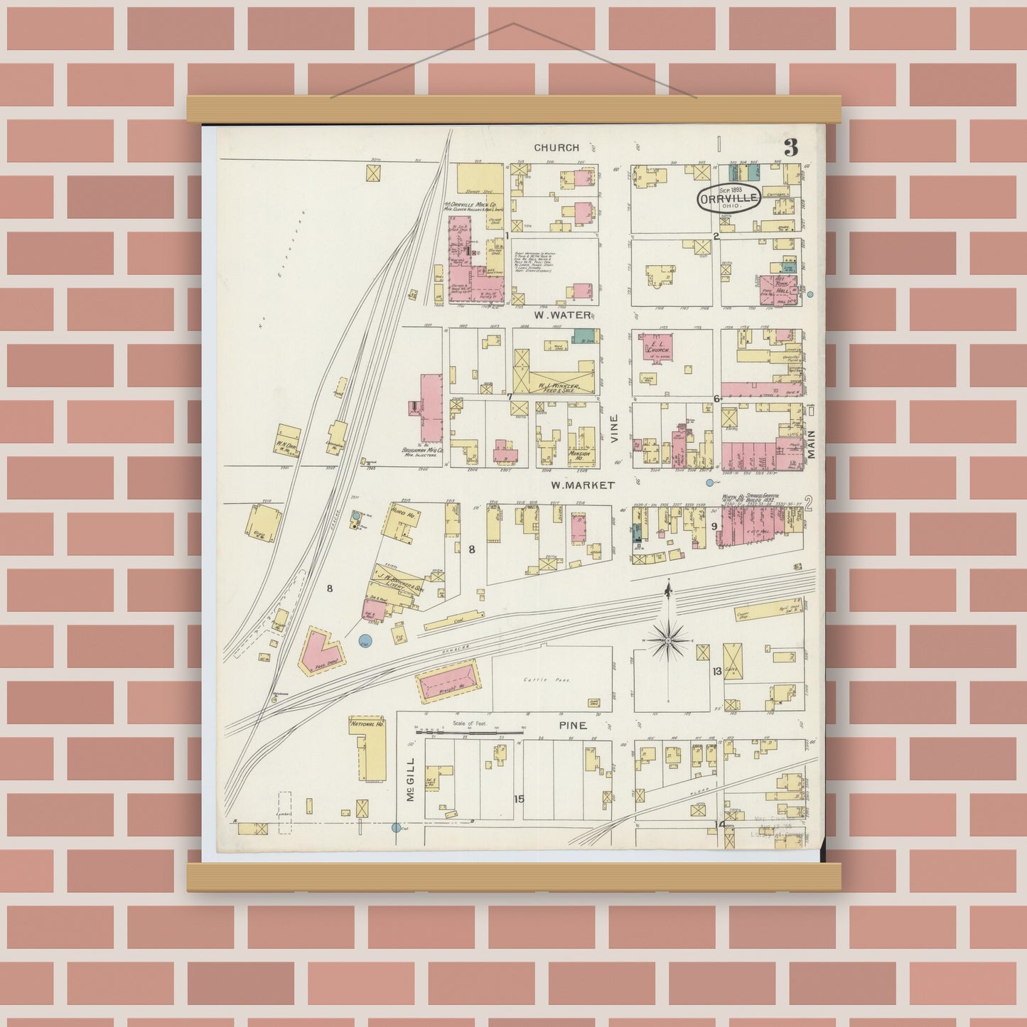 Old map wall art mockup — magnetic wood frame on brick wall — Sanborn Fire Insurance Map from Orrville, Wayne County, Ohio (1893), Sheet #0003
