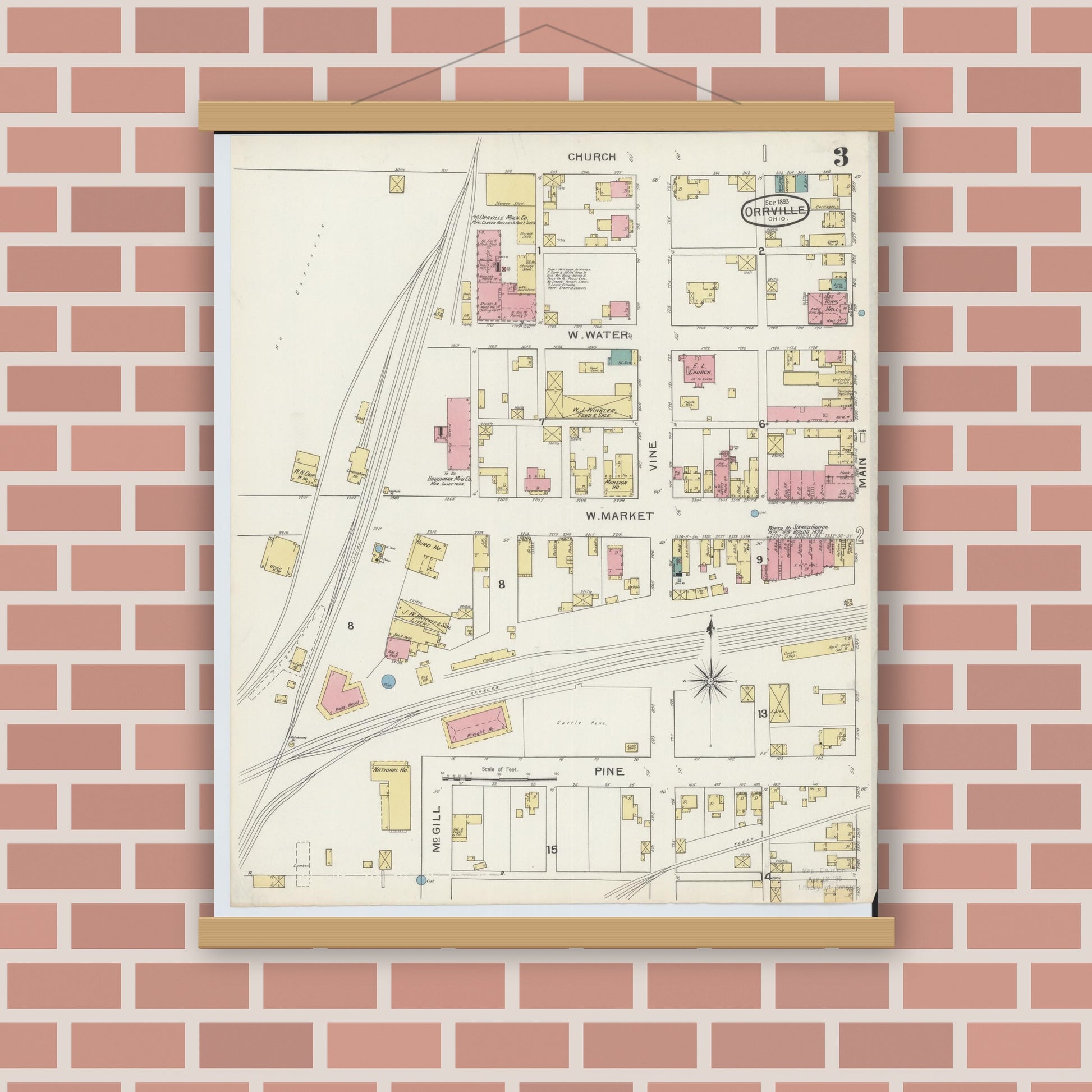 Old map wall art mockup — magnetic wood frame on brick wall — Sanborn Fire Insurance Map from Orrville, Wayne County, Ohio (1893), Sheet #0003