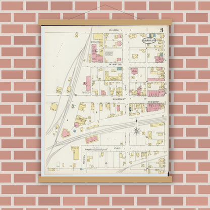 Old map wall art mockup — magnetic wood frame on brick wall — Sanborn Fire Insurance Map from Orrville, Wayne County, Ohio (1893), Sheet #0003
