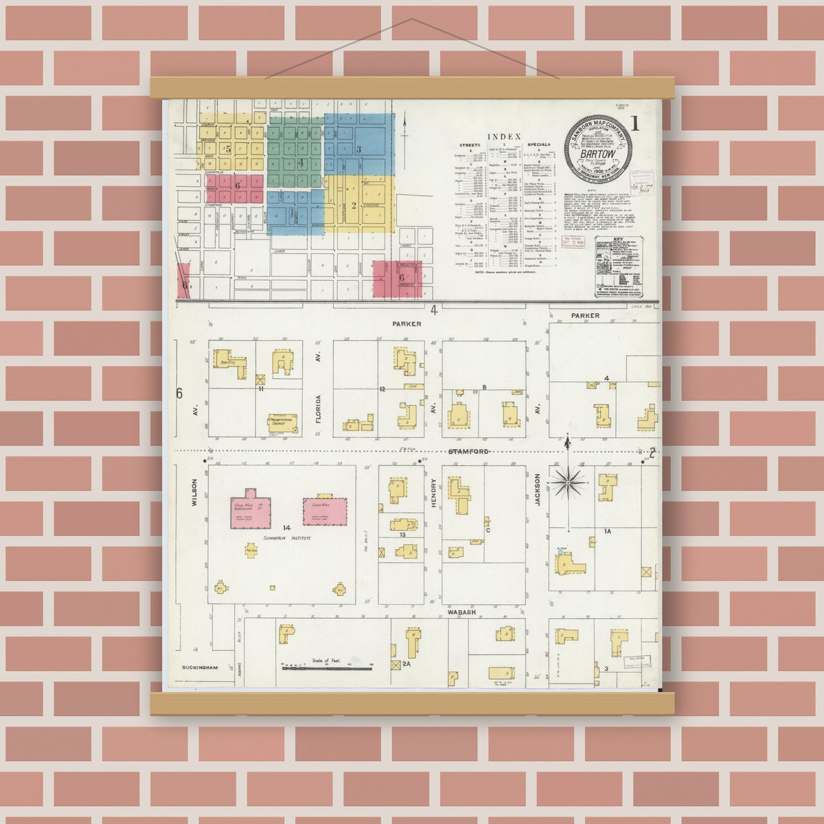Old map wall art mockup — magnetic wood frame on brick wall — Sanborn Fire Insurance Map from Bartow, Polk County, Florida (1906), Sheet #0001