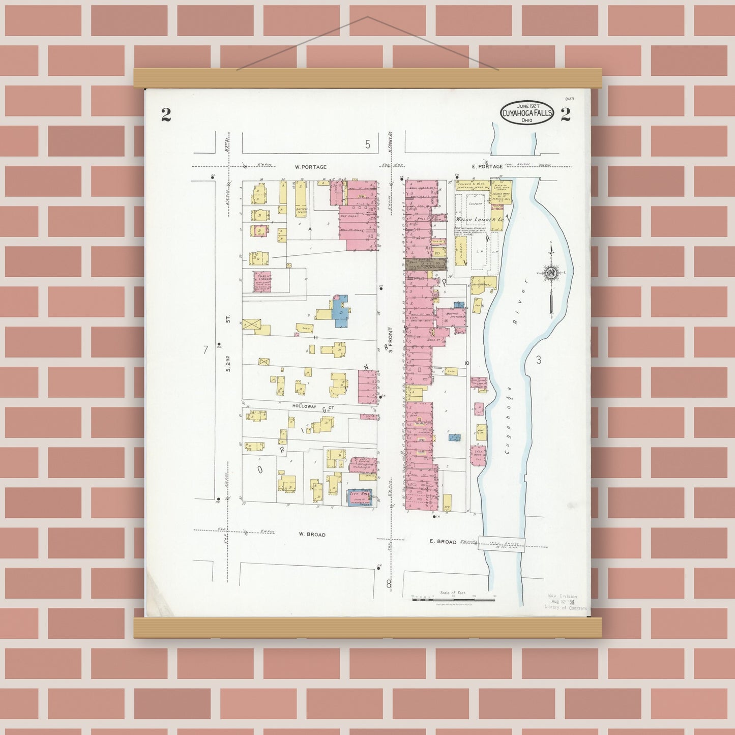 Old map wall art mockup — magnetic wood frame on brick wall — Sanborn Fire Insurance Map from Cuyahoga Falls, Summit County, Ohio (1927), Sheet #0002