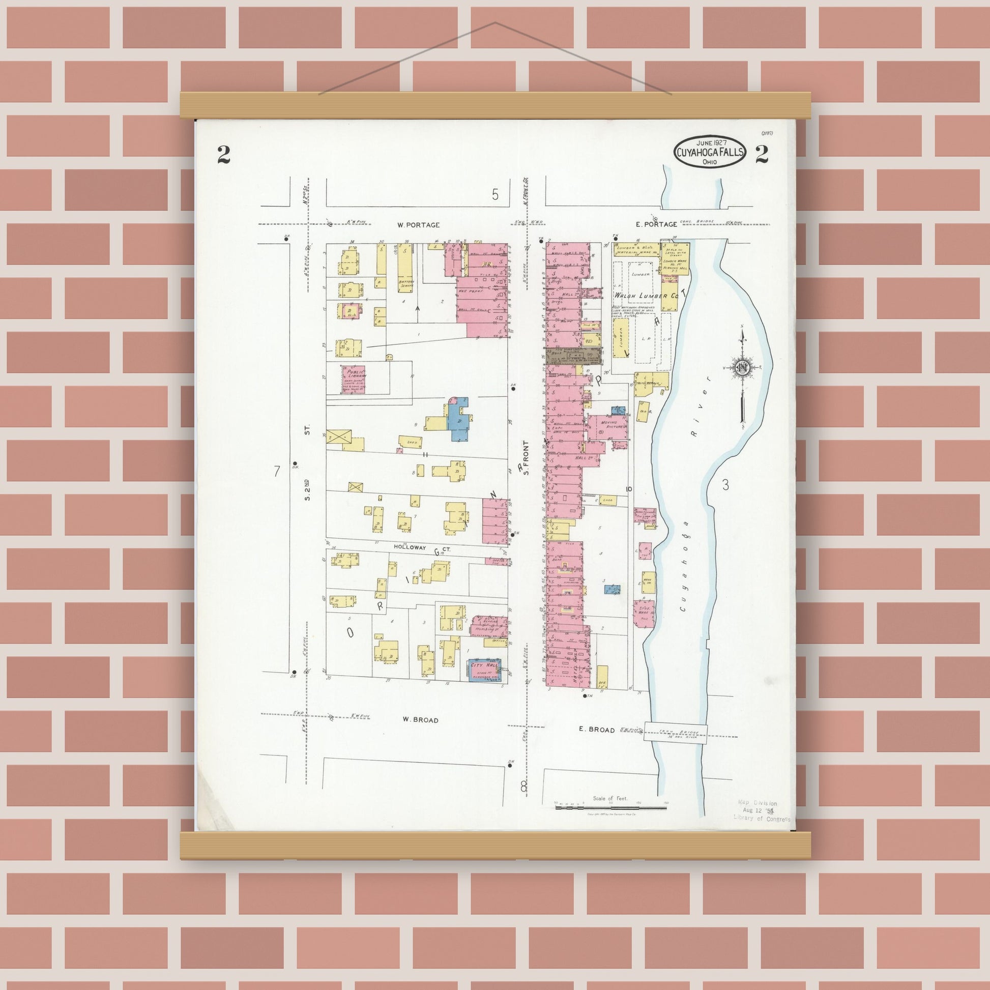 Old map wall art mockup — magnetic wood frame on brick wall — Sanborn Fire Insurance Map from Cuyahoga Falls, Summit County, Ohio (1927), Sheet #0002