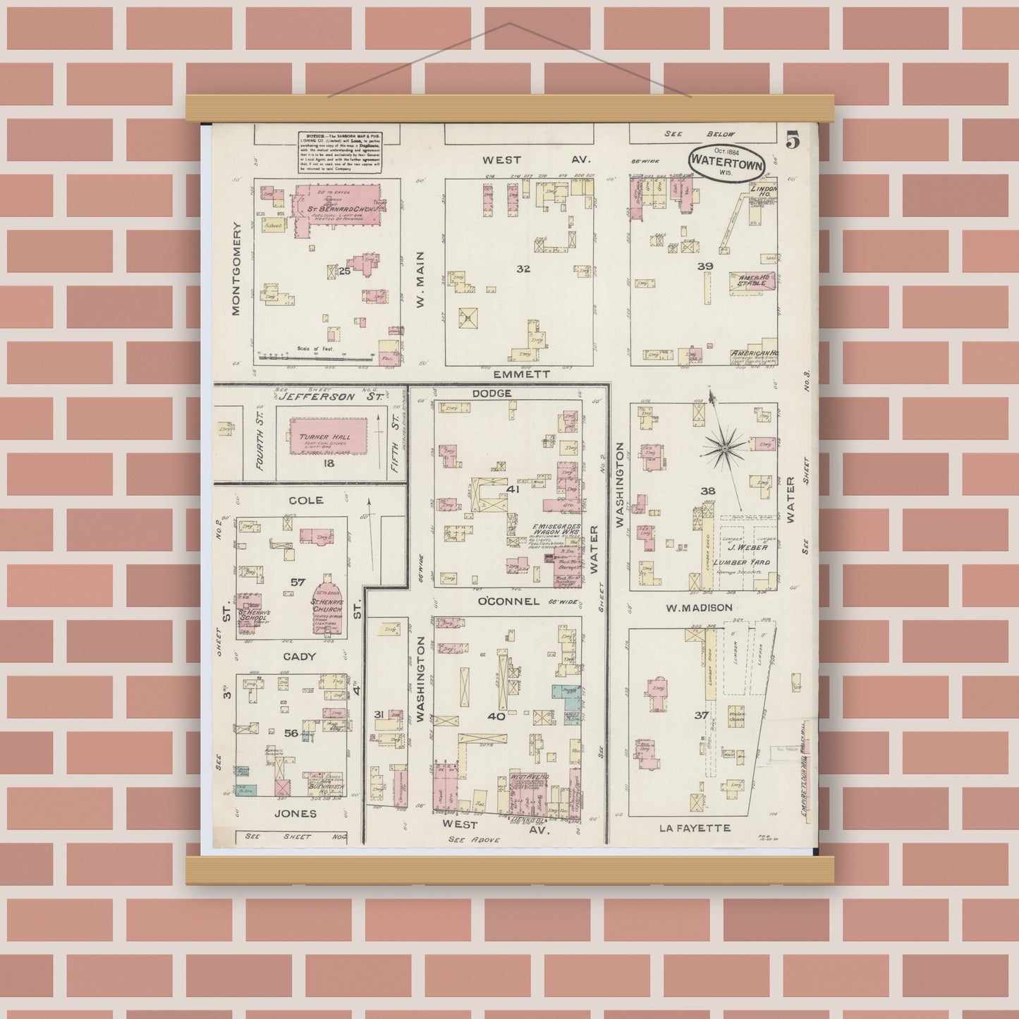 Old map wall art mockup — magnetic wood frame on brick wall — Sanborn Fire Insurance Map from Watertown, Jefferson County, Wisconsin (1884), Sheet #0005