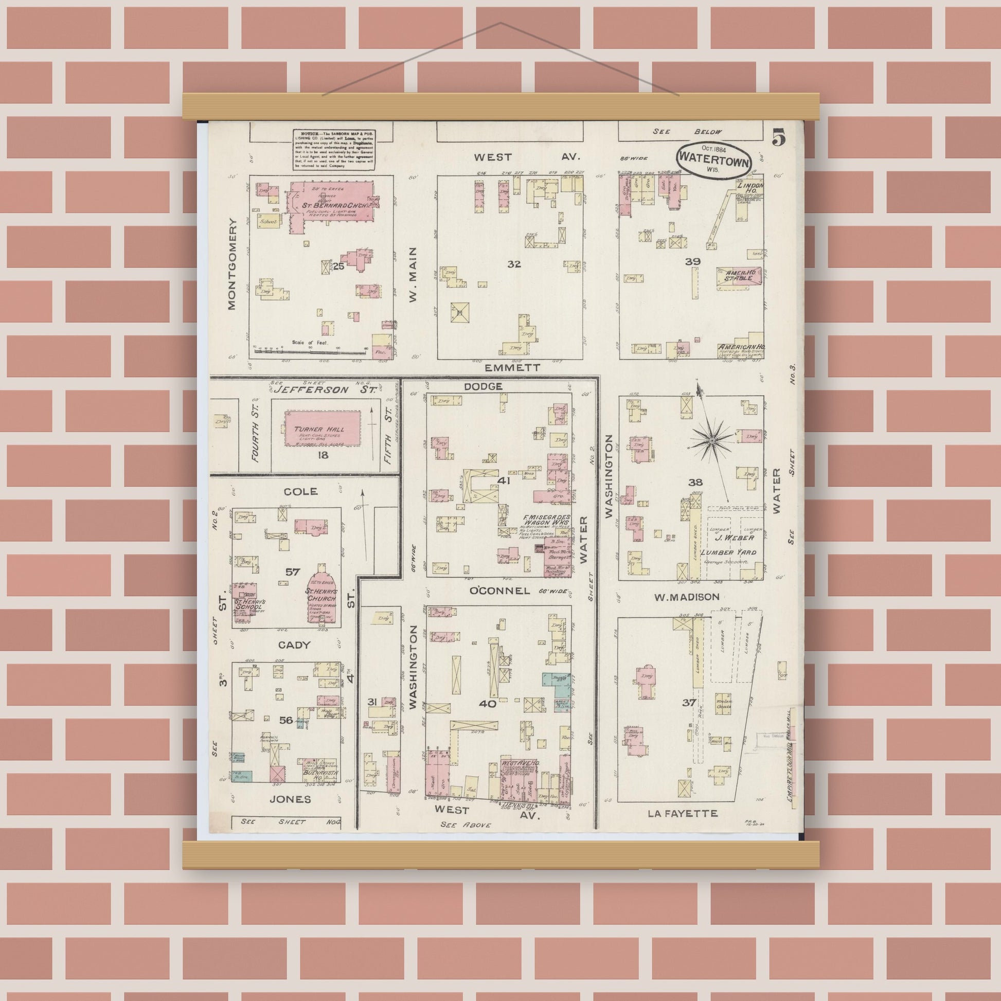 Old map wall art mockup — magnetic wood frame on brick wall — Sanborn Fire Insurance Map from Watertown, Jefferson County, Wisconsin (1884), Sheet #0005