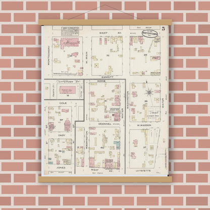 Old map wall art mockup — magnetic wood frame on brick wall — Sanborn Fire Insurance Map from Watertown, Jefferson County, Wisconsin (1884), Sheet #0005