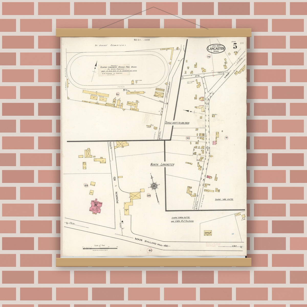 Old map wall art mockup — magnetic wood frame on brick wall — Sanborn Fire Insurance Map from Lancaster, Worcester County, Massachusetts (1945), Sheet #0005