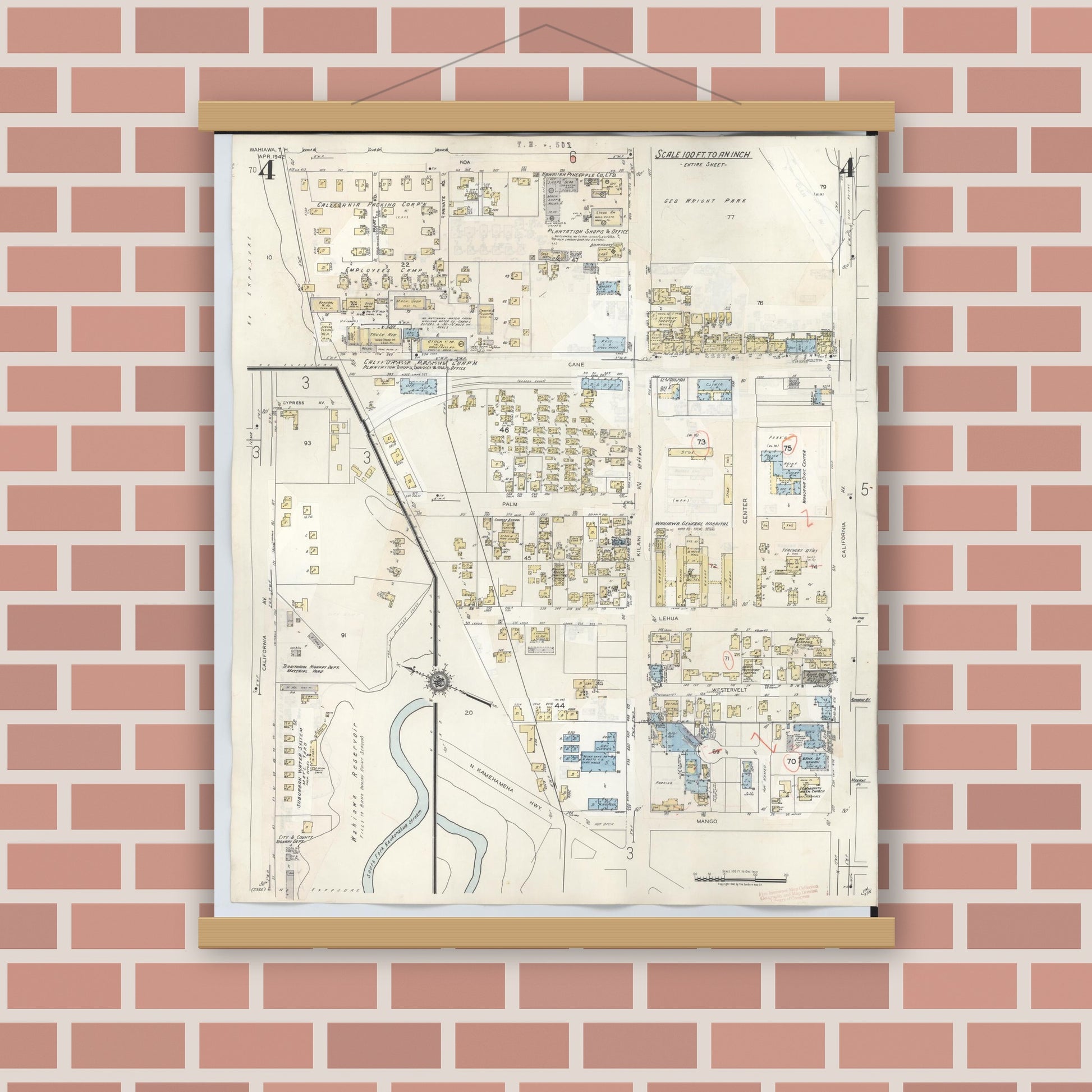 Old map wall art mockup — magnetic wood frame on brick wall — Sanborn Fire Insurance Map from Wahiawa, Honolulu County, Hawaii (1957), Sheet #0004