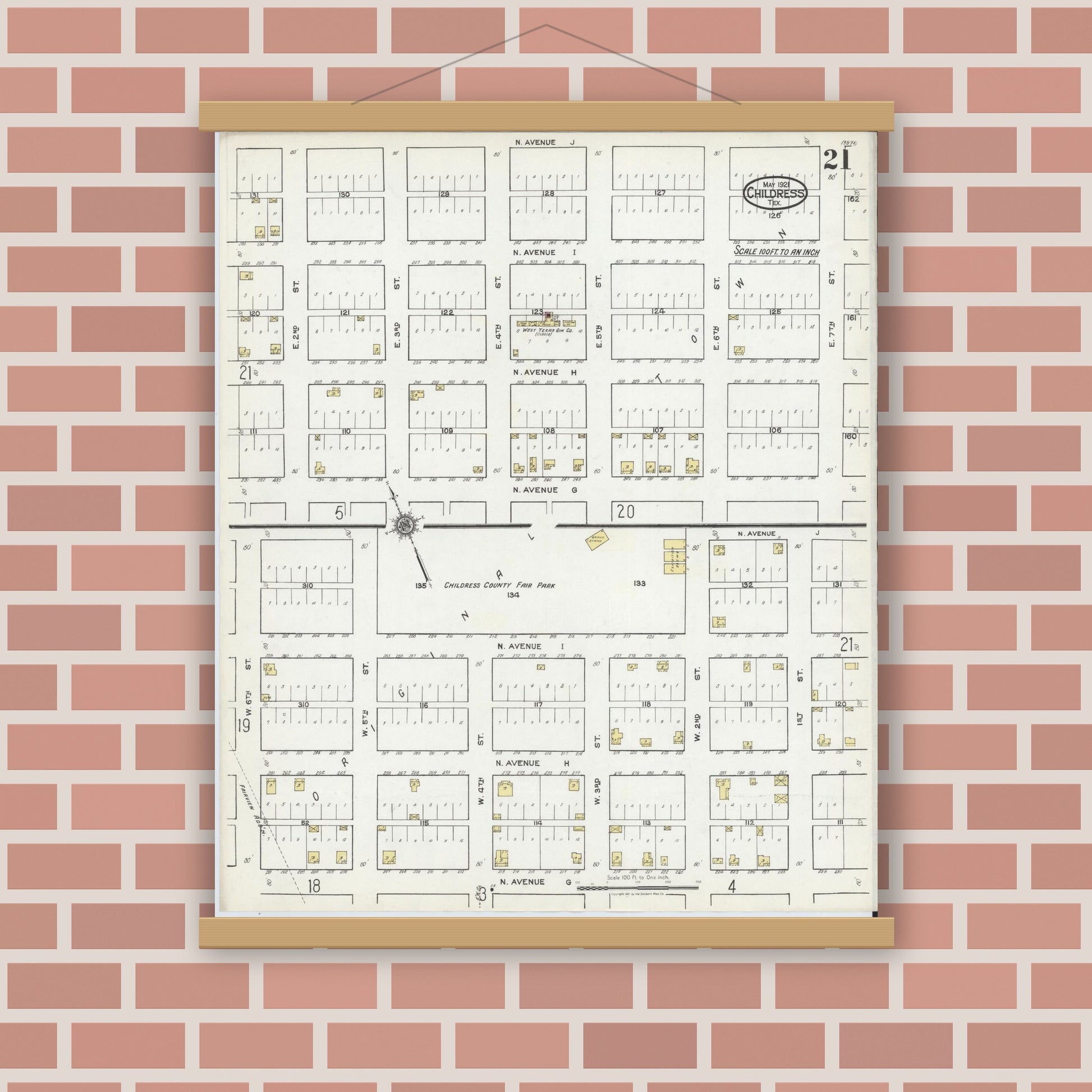 Old map wall art mockup — magnetic wood frame on brick wall — Sanborn Fire Insurance Map from Childress, Childress County, Texas (1921), Sheet #0021