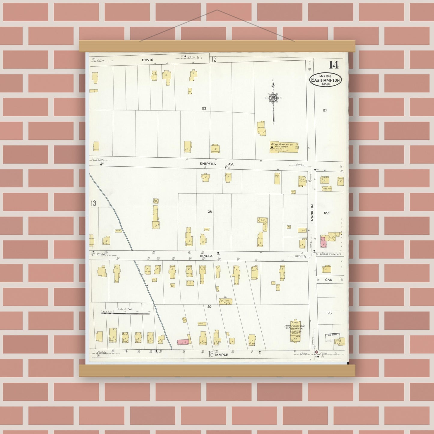Old map wall art mockup — magnetic wood frame on brick wall — Sanborn Fire Insurance Map from East Hampton, Hampshire County, Massachusetts (1916), Sheet #0014