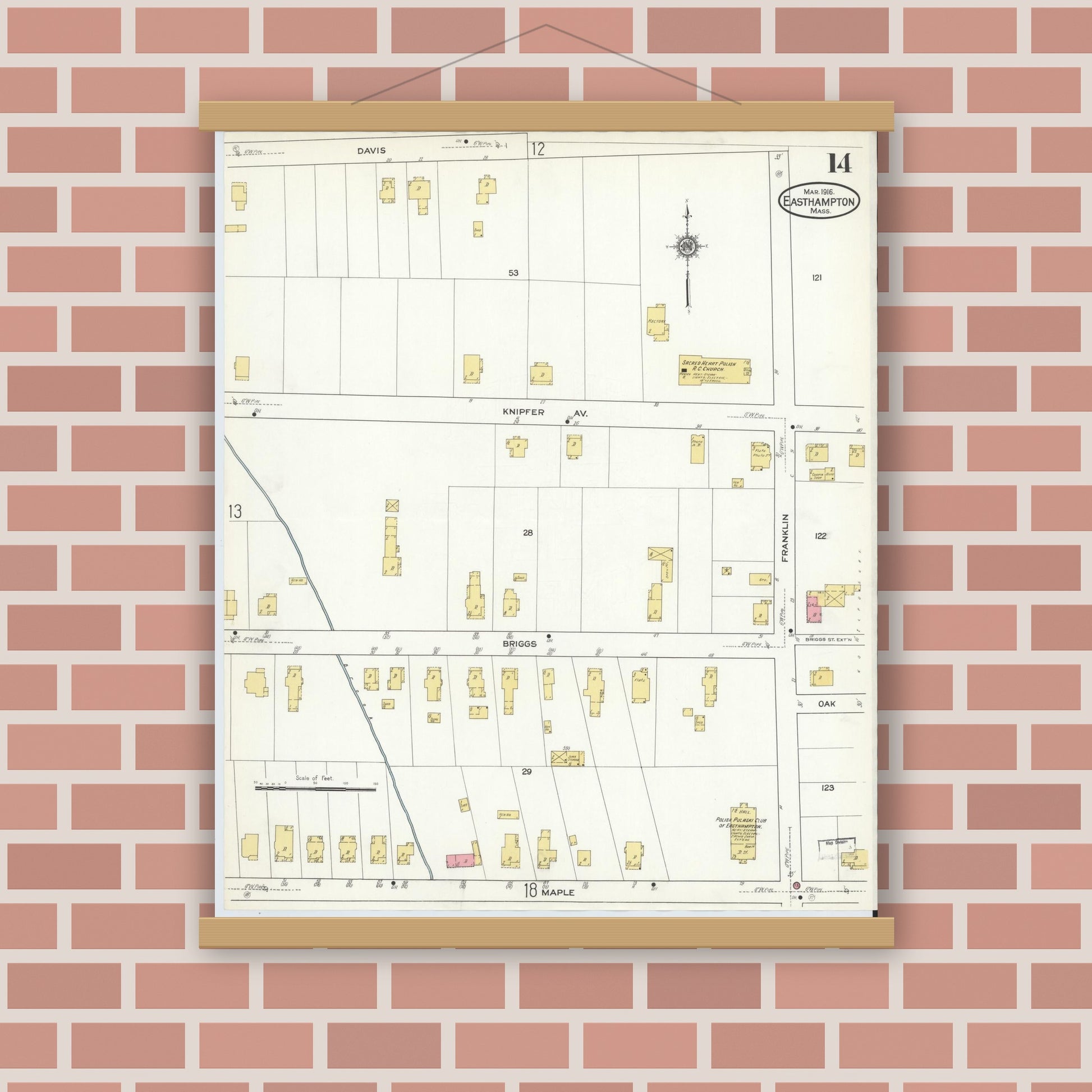 Old map wall art mockup — magnetic wood frame on brick wall — Sanborn Fire Insurance Map from East Hampton, Hampshire County, Massachusetts (1916), Sheet #0014