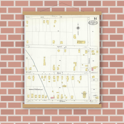 Old map wall art mockup — magnetic wood frame on brick wall — Sanborn Fire Insurance Map from East Hampton, Hampshire County, Massachusetts (1916), Sheet #0014